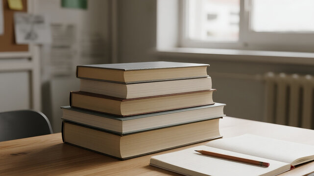 A stack of books with a pencil and notebook on a clean wooden desk