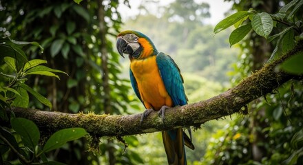 A vibrant blue and yellow macaw perches on a mossy branch amidst lush green jungle foliage with visible water droplets