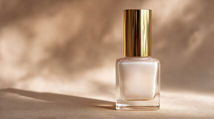 Chic nail polish bottle with gold cap sits elegantly against soft, pale background, casting gentle shadow. minimalist design highlights its beauty and sophistication