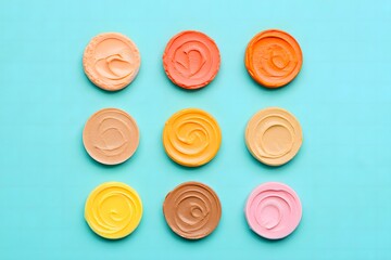 Colorful cosmetic foundation samples arranged neatly on a blue background for beauty product testing