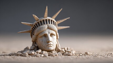 Statue of Liberty Crying in Despair Surrounded by Ruins