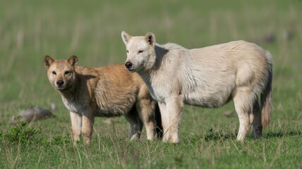 Fototapeta premium Two young cattle calves standing together in a grassy field on a sunny day