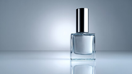 Sleek glass bottle with silver cap stands elegantly against soft gradient background, reflecting light beautifully. This minimalist design highlights bottle modern aesthetic and versatility