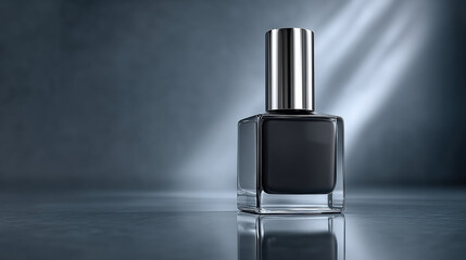 Sleek black nail polish bottle with shiny silver cap stands elegantly on polished surface, reflecting soft light, creating sophisticated and modern aesthetic