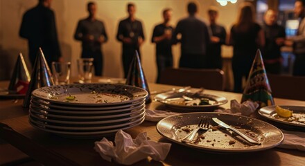 Empty birthday plates with crumbs, crumpled napkins, and party hats scattered on a table, set against a warm, dimly lit room where guests linger in conversation
