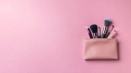 Elegant cosmetic bag opened on a pink background, showcasing beauty products inside.