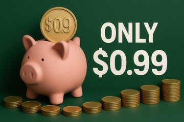 ONLY $0.99 discount offer featuring a piggy bank and coins, modern graphic style, attractive retail promotion.
