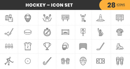 Hockey icon set, ice hockey and field hockey symbols, sports equipment, referee signs, scoreboards, players, trophies, protective gear, thin line vector illustration collection