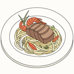 An elegant illustration of a surf and turf pasta meal, featuring succulent shrimp and tender sliced meat on a bed of linguine