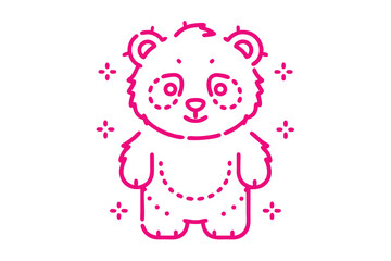 Smiling pink bear displays soft fur with stitched outlines around him on clean backdrop