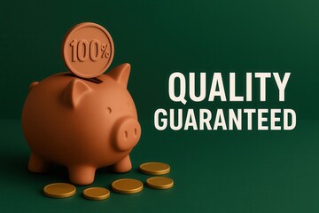 Quality guaranteed promotional banner featuring a piggy bank and coins, modern minimalist style, effective retail discount offer.