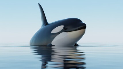 Majestic orca killer whale emerges from calm ocean waters with serene sky above