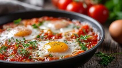 Fototapeta premium Delicious homemade shakshuka prepared with fresh ingredients in a rustic kitchen setting during the morning hours
