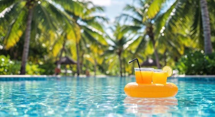 Pool float drink holder with two tropical cocktails, lime garnish and straws drifting on clear blue water under sunny palm‑lined skies