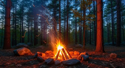 Campfire in Pine Forest at Dusk.