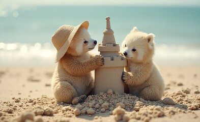 Two adorable, fluffy puppies build a sandcastle on a sunny beach, one wearing a straw hat, both focused and joyful.