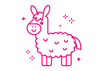 Smiling pink llama outline stands amidst sparkling stars on a simple white backdrop