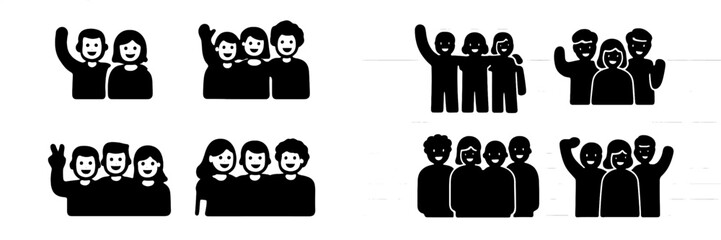 Collection of black silhouette icons depicting groups of friends and people together Symbol set for community social gathering teamwork and friendship