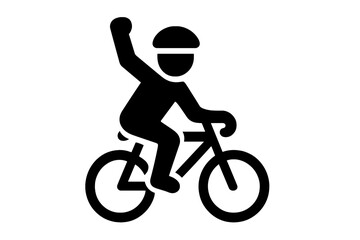 Simple black silhouette icon of a cyclist riding a bicycle with one arm raised in a gesture of victory or success on a white background