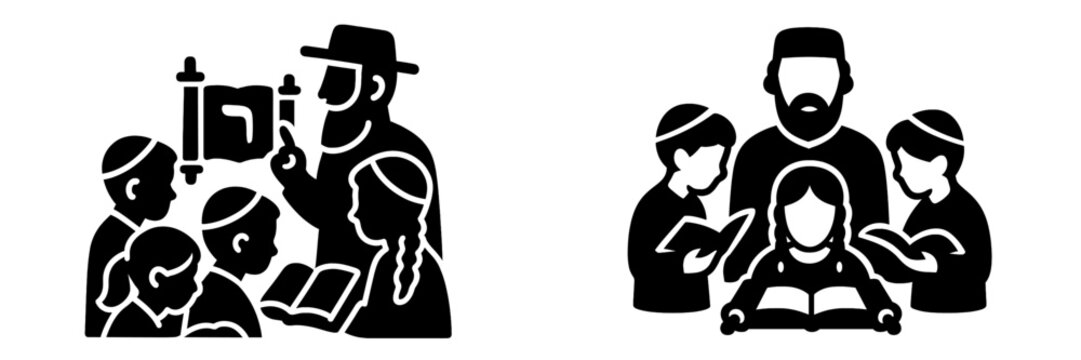 Set of black glyph icons depicting Jewish religious life and education with a rabbi teaching children from a Torah scroll and a father studying with his family