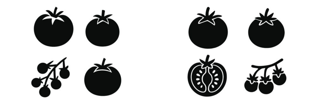 Set of black tomato icons showing whole, sliced, and cherry tomatoes on the vine for food and agriculture concepts