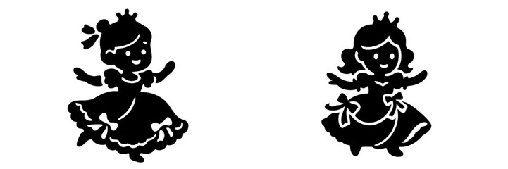 Fototapeta premium Cute princess character silhouette set in black and white, a charming fairytale royal figure with a crown and elegant dress