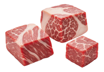 Three Cubes of Raw Beef Meat on Transparent Background, Ideal for Butcher Shop Displays and Culinary Illustrations, High-Quality Stock Image