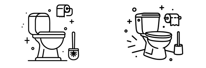 Toilet bowl with toilet paper and brush line icon set for bathroom and restroom hygiene concept isolated on white