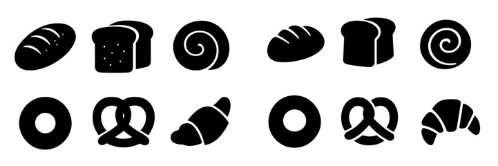 Set of black bread and pastry icons including loaf, sliced bread, croissant, pretzel, and bagel isolated on a white background