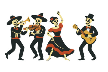 Festive skeletons celebrating Dia de los Muertos with a mariachi band playing music and a woman dancing in a traditional dress