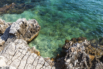 Sunlight illuminates rugged coastal rocks and crystal-clear turquoise waters, revealing intricate underwater textures and the natural beauty of a pristine shoreline.