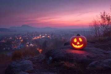 A carved pumpkin with a smiling face sits on a rock overlooking a village at sunset. The sky is painted in shades of purple and orange, creating a festive atmosphere.