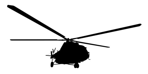 Military helicopter silhouette in black and white against a clean white background, showcasing aviation and defense themes. © German Ovchinnikov