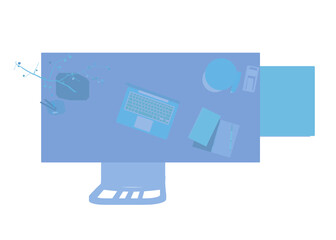 Silhouette computer monitor displays a laptop and mouse at its center, surrounded by office supplies in a modern workplace setting.