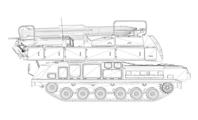 Detailed blueprint of a military tank with visible turret, tracks, and rocket launcher features in wireframe style on a white background.
