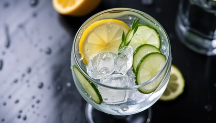 Refreshing lemon and cucumber infused water with ice