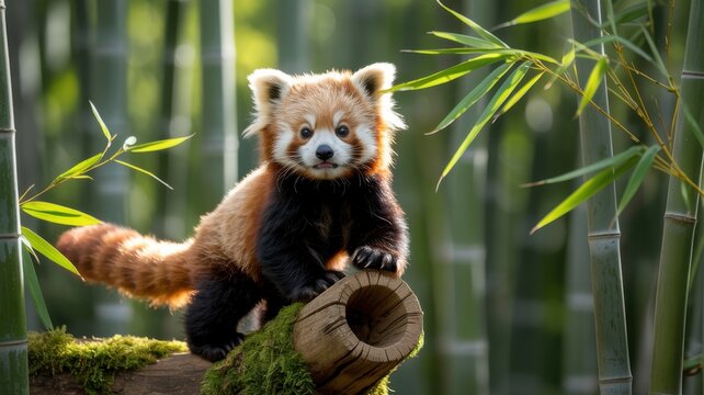 Adorable red panda perched on a mossy log amidst lush green bamboo forest - Powered by Adobe