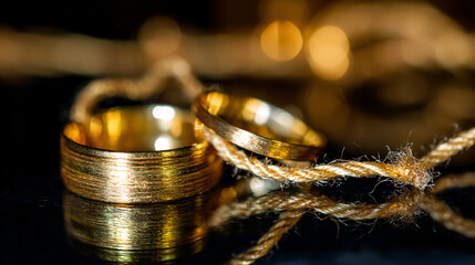 Golden wedding rings suspended on a delicate rope, showcasing metallic reflections against a dark background.