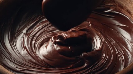 Melted dark chocolate swirling in a large bowl, stirred with a wooden spoon - Powered by Adobe