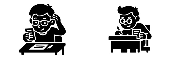 Black glyph icons of a student sitting at a desk, one icon shows the boy writing an exam and the other shows him thinking about a test question
