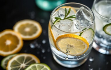 Refreshing Lemon and Ice Drink with Garnish