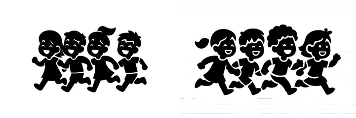Happy children running together in a group, a simple black and white silhouette icon for childhood activity and friendship