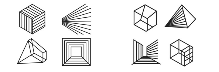 Set of abstract geometric shapes in black line art style, minimalist icons with isometric perspective and optical illusion elements