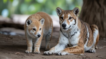 Obraz premium Two australian dingoes one standing and one relaxing under a tree