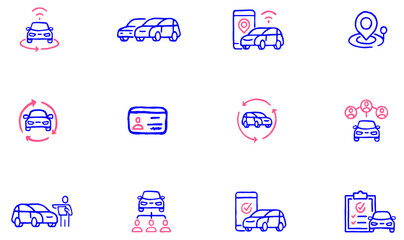 Set of hand-drawn linear icons related to car, ride sharing, rental, vehicle booking services, smart urbanization for mobility solutions. Mono line pictograms and infographics design elements
