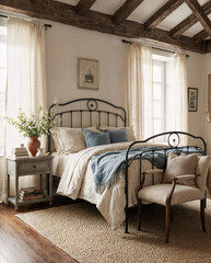 French Country Bedroom with Exposed Wooden Beams, Linen Bedding, and Rustic Elegance