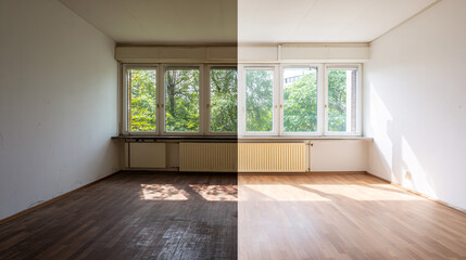 Interior renovation progress comparison, showing a simple room transformation with ambient lighting.