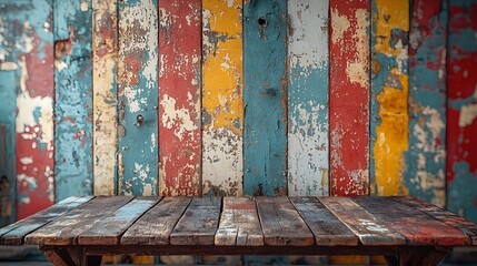 Rustic wooden table with a distressed multi colored wood plank background