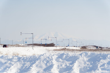 mountain and road in the snow