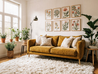 Modern Bohemian Living Room with Mustard Yellow Sofa, Botanical Wall Art, and Cozy Plants Decor
